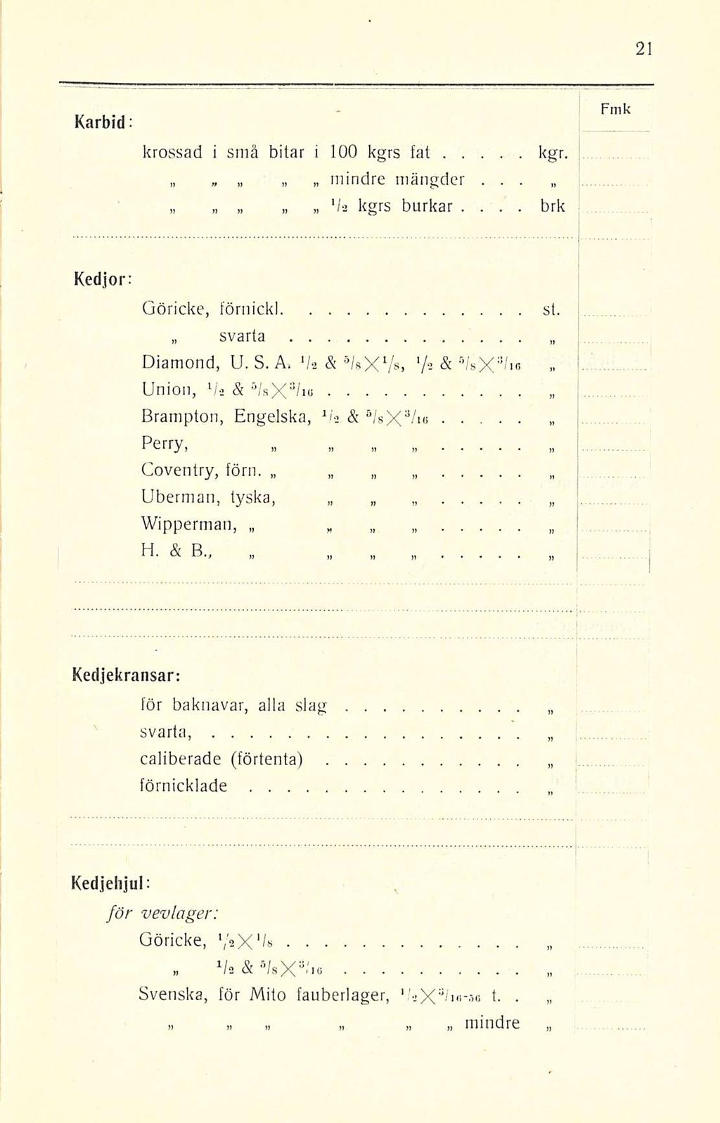 Karbid krossad i små bitar i 100 kgrs fat kgr mindre mängder 'k kgrs burkar brk Kedjor Göricke, förnickl svarta Diamond, U S A> 'k & 1 /*, 'h- & 8 /sx 3 '^ st Union, l k & /sx 3 /io Brampton,