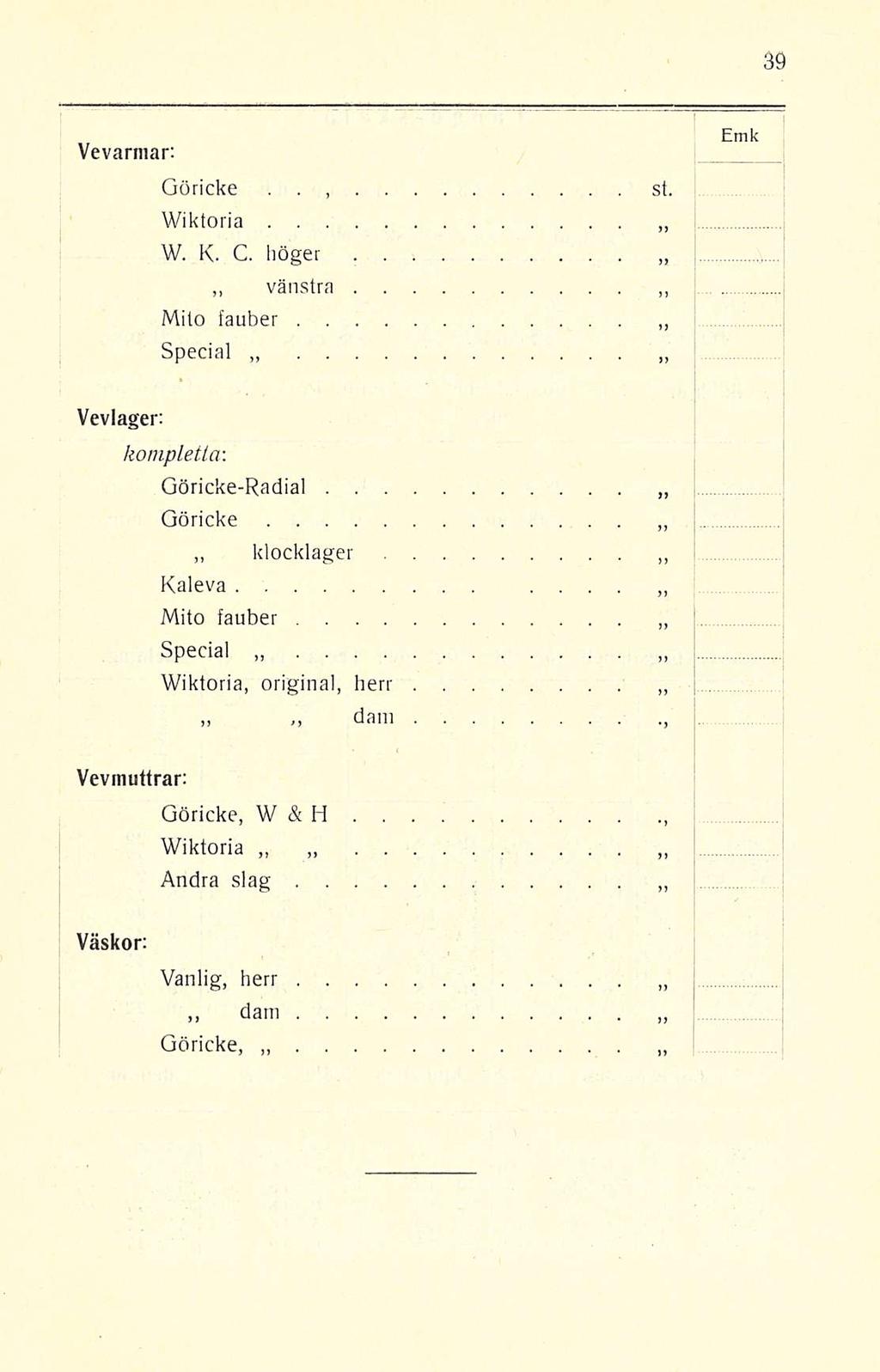 Vevarniar: Göricke, st Emk Wiktoria W K C höger vänstra Mito fauber Special Vevlager: kompletta : Göricke-Radial Göricke Vevmutlrar:
