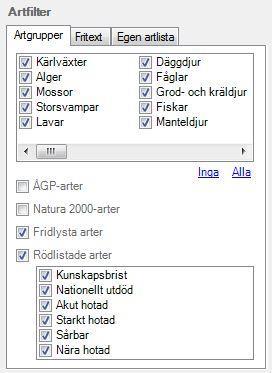 4.6 Specialurval 1 (Artfilter) Med de olika specialurvalen kan du specificera sina sökningar ytterligare. Den första delen av specialurvalen gäller endast när sökning görs på Artgrupper.