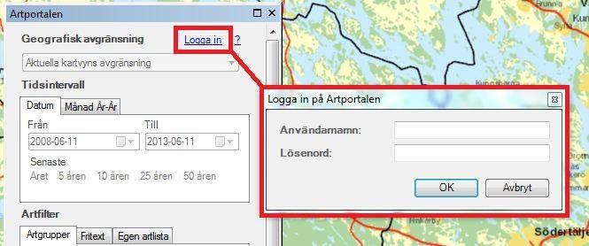 4. Användning 4.1 Starta tillägget Om verktyget inte är synligt när du startat ArcGIS högerklickar du på menyraden och bockar för Artportalen-koppling.