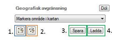 4.3 Geografisk omfattning Första steget är att definiera vilket område i kartan du vill göra din sökning i. För detta finns det fyra alternativ i en rullista: 1.