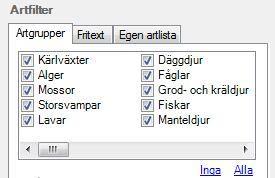 När fliken Artgrupper är aktiv är sökningen i utgångsläget begränsad till sökning efter arter som är antingen fridlysta och/eller rödlistade.