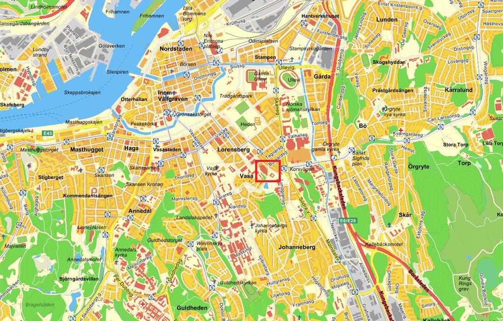 8 NATURVÄRDESINVENTERING AVSEENDE DETALJPLAN FÖR VÄSTLÄNKEN Figur 1 Översiktskarta över centrala Göteborg. Inventeringsområdet är lokaliserat i den röda kvadraten. (karta från Eniro.se) 1.