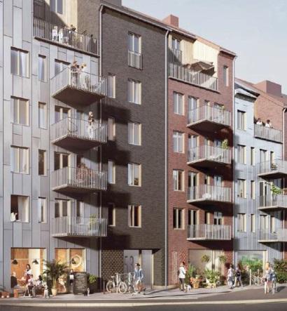 Detta ger tydliga, stadsmässiga kvarter ut mot stadsgatan och samtidigt bullerskydd åt bostadsgårdarna. In mot området öppnar sig kvarteren och vänder sina gårdsrum åt sydväst med bra sollägen.