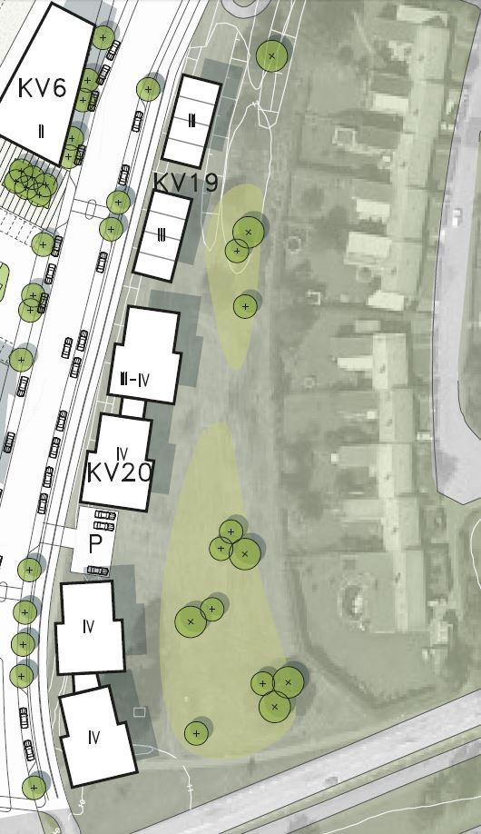 Sektionen redovisar avstånd mellan föreslagen bebyggelse i kvarter 20, parkstråk och befintligt bostadshus i Solängen. Den streckade linjen på föreslaget bostadshus illustrerar en fjärde våning.