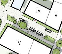 Förslag på utformning av det Inre stråket mellan kvarter 9 och 10. Tvärstråken Trafik kommer till viss del ledas in från Bifrostgatan in i området via tvärstråken.