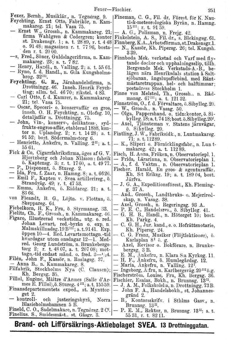 FexerFischier. 251 Fexer, Bernh.,Musiklär., n. 'I'egnörsg. 9. Fineman, C. G., Fil. dr, Förest. för K, Nau Feychting, Ernst Otto, Fabrikör, makareg. 21; tel. Vasa 75. n. Kam tiskmeteorologiska 15III; r.