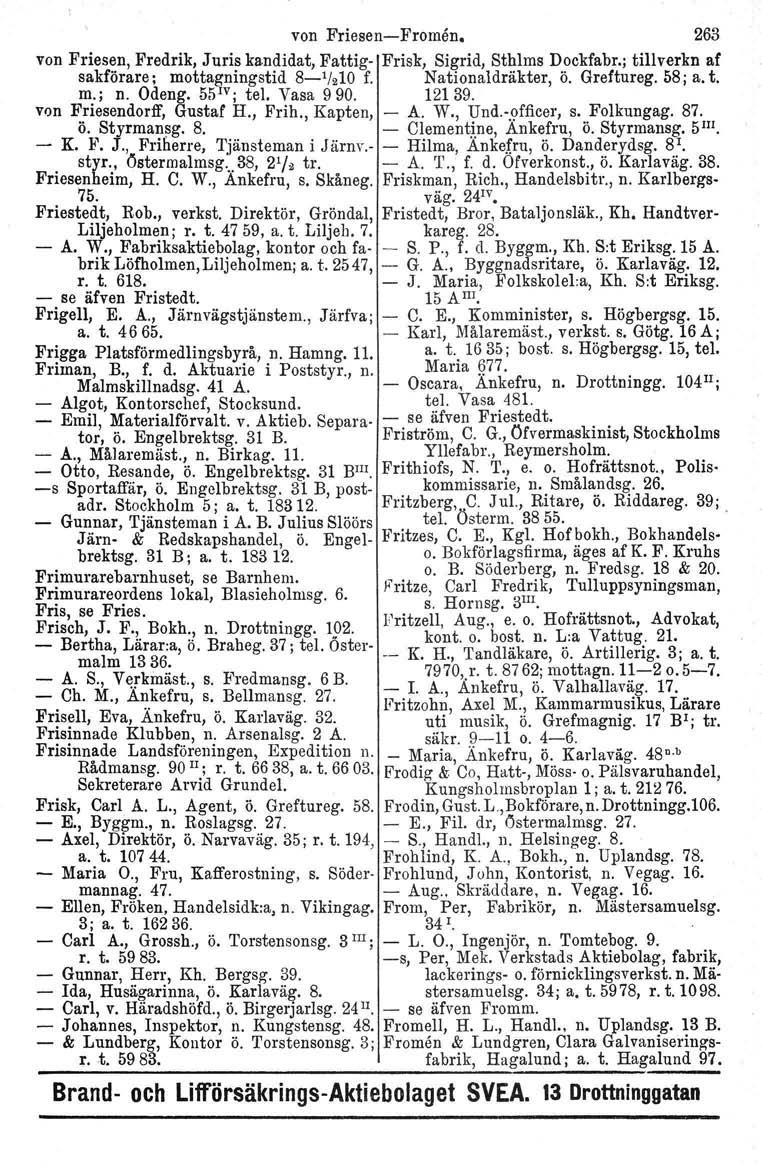 von FriesencFromen, 263 von Friesen, Fredrik, Juris kandidat, Fattig Frisk, Sigrid, Sthlms Dockfabr.; tillverkn af sakförare; mottagningstid 81/210 f. Nationaldräkter, ö. Greftureg. 58; a. t. m.; n.