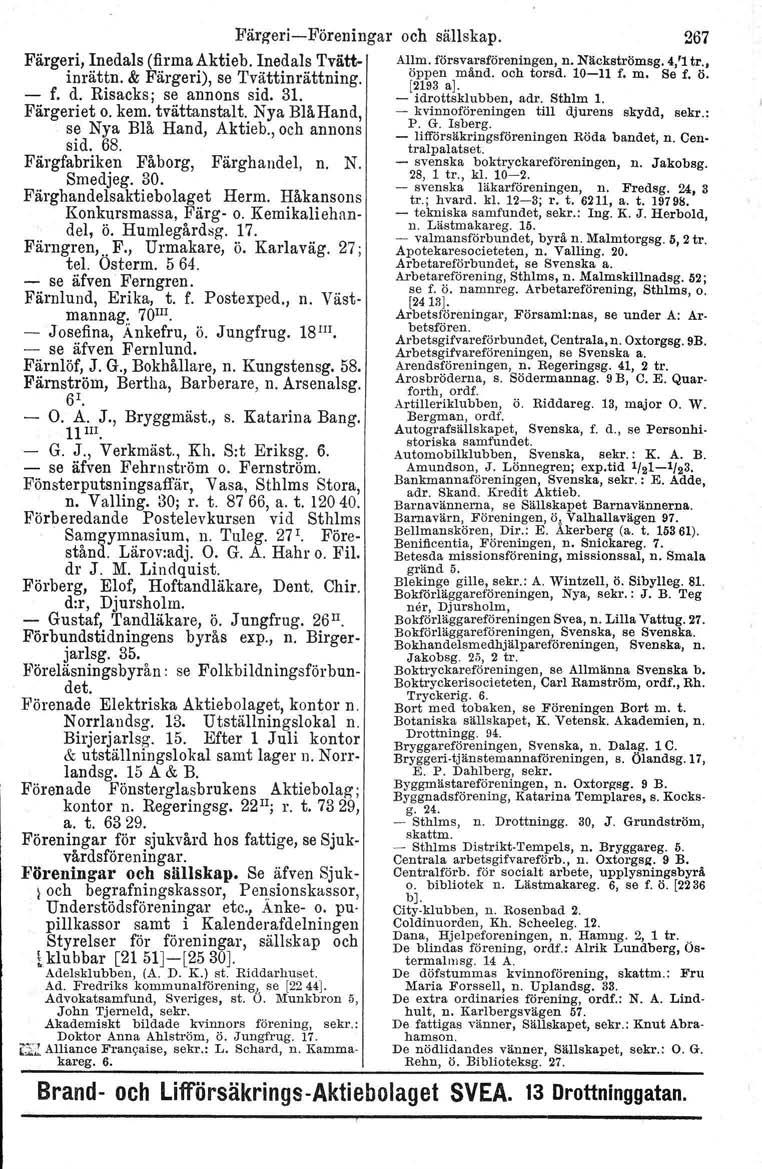 FärgoeriFöreningar och sällskap. 267 Färgeri, Inedals (firma Aktieb. Inedals Tvätt Allm.försvarsföreningen,n. Näckströmsg.4,'1tr., inrättn, & Färgeri), se Tvättinrättning. öppen månd. och torsd.