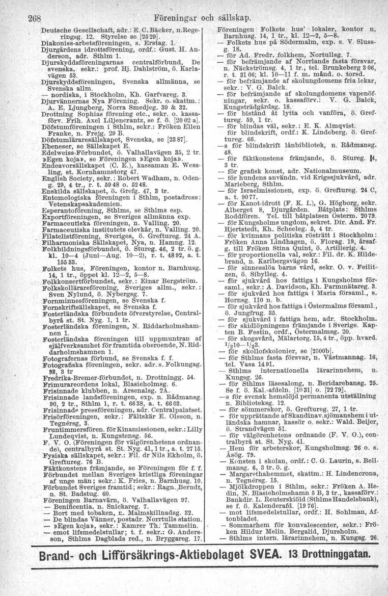 268 Föreningar och sällskap, Deutsche Gesellschaft, adr.: E. C. Bäcker, n.bege. rmgsg. 12. Styrelse se [2529]. Diakonissarbetsföreningen, s. Erstag. 1. Djurgårdens idrottsförening, ordf.: Gust. H.