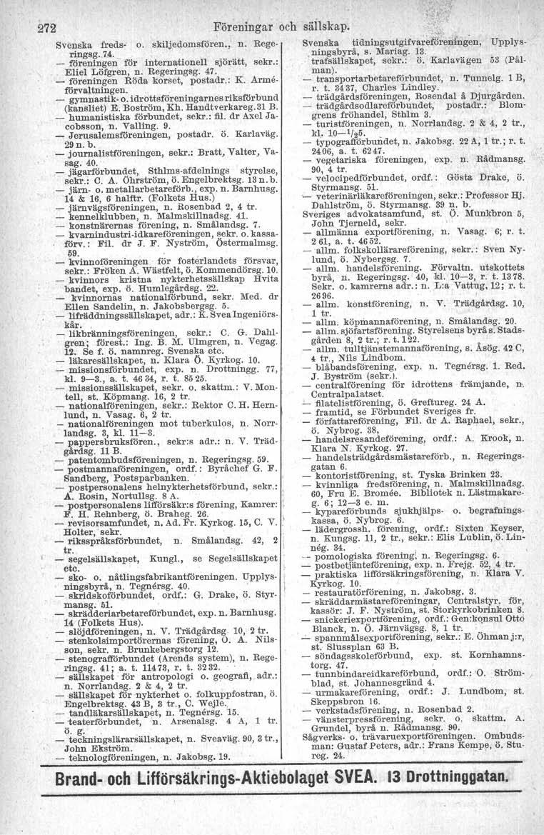 Svenska freds o. ri.ngsg.14. _ föreningen för internationell sjörätt, sekr.: Eliel Löfgren, n. Regeringsg. 47. _ föreningen Röda korset, postadr.: K. Armeförvaltningen. gymnastik o.