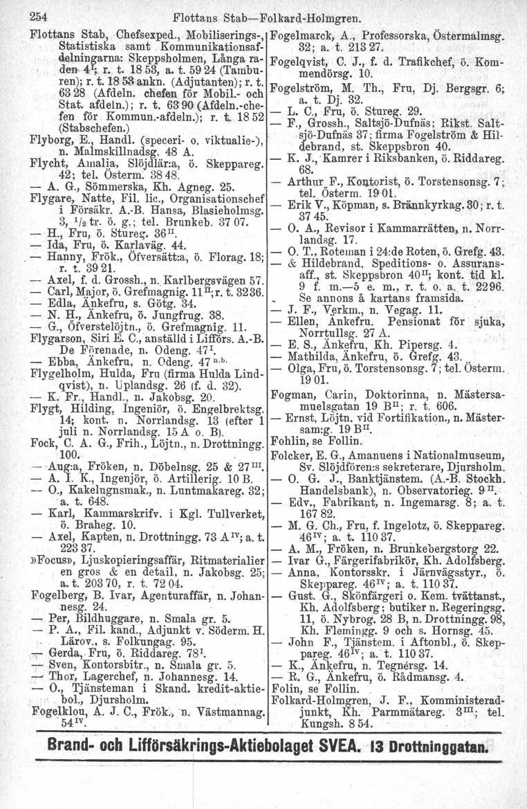 254.Flottans Stab Folkard Holmgren. Flottans Stab, Chefsexped., Mobiliserings, Fogelmarek, A., Professorska, Östermalmsg. Statistiska samt Kommunikationsaf 32; a. t. 21327.