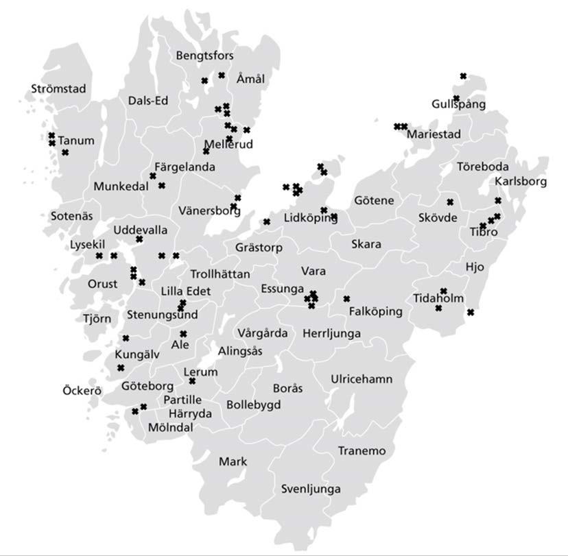 Geografisk fördelning av anmälda fall De svarta kryssen visar var 59 av 2017 års fall sannolikt har smittats.