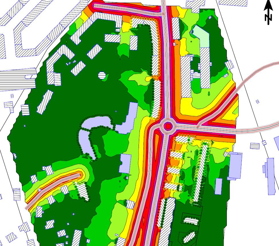Beräkning av vägtrafikbuller vid Danska vägen och intill Skogshyddegatan.