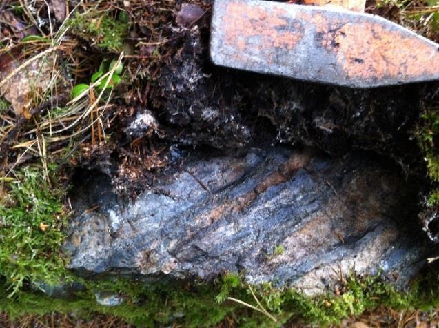 Bilden till vänster visar ett exempel av komplex veckning av berggrunden. Veckningen är spårad genom ett lager med hög relief och markerad med röda linjer i bilden för att tydliggöra strukturen.