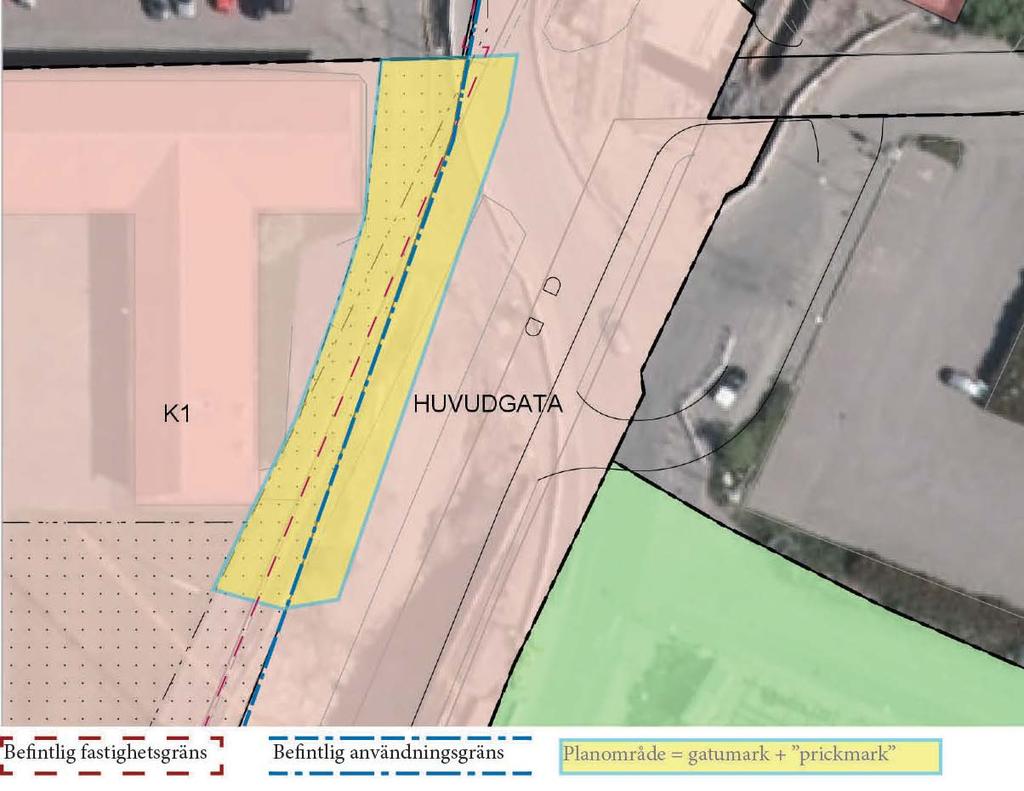 Planen möjliggör att den gulmarkerade delen av huvudgatan (öster om den