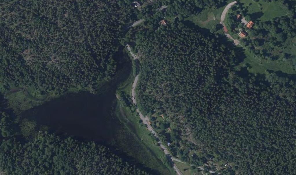 50 (60) Figur 39. Ca 120-170 m uppströms nuvarande dammläge anläggs en ny fast naturliknande tröskel (röd linje).