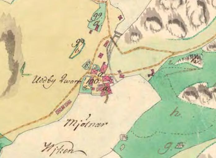 9 (60) Figur 3. Uddby kvarn på Ägomätningskarta från år 1796. Lantmäteriet 2016.