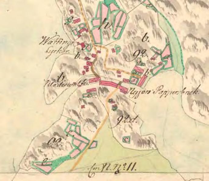 11 (60) Figur 5. Nyfors på Ägomätningskarta från 1796. Lantmäteriet 2016 Hammaren ersattes senare av ett pappersbruk som i sin tur ersattes med en såg, en kvarn och ett Valsverk 1870.