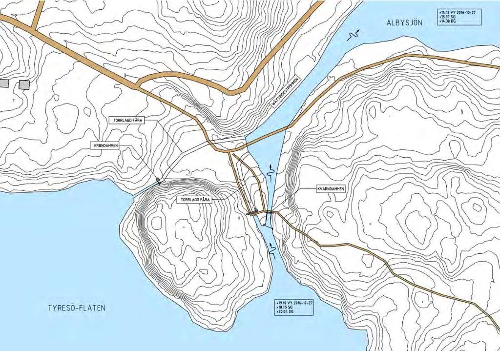 34 (60) Figur 23. Översikt över Nyfors och sjön Tyresö-Flatens utlopp med krondammen och kvarndammen belägen i sjöns vänstra respektive högra utlopp. Norconsult 2017. Figur 24.