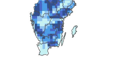 Sjöar 100 m - strandzonsareal 0-10 kvadratkilometer 10-20 kvadratkilometer 20-30 30-40 40-80 Breda vattendrag 100 m - strandzon 0-10 kvadratkilometer 10-20 kvadratkilometer 20-30 30-40 40-80 Smala