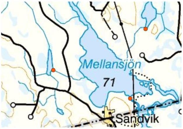 Sjön i den lilla röda ringen öster om Appokälven är ca 3,5 hektar men fanns inte i SMHI:s sjöregister (orange punkter), sjön i den violetta ringen finns i registret men är mindre än 3 hektar.