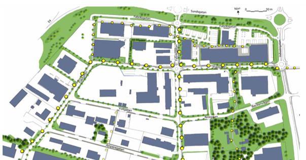 Inom handelskvarteren föreslås fotgängarstråk som binder samman olika butiker och parkeringar. Huvudgator för biltrafik inom området föreslås bli Fläktgatan och Fabriksgatan.