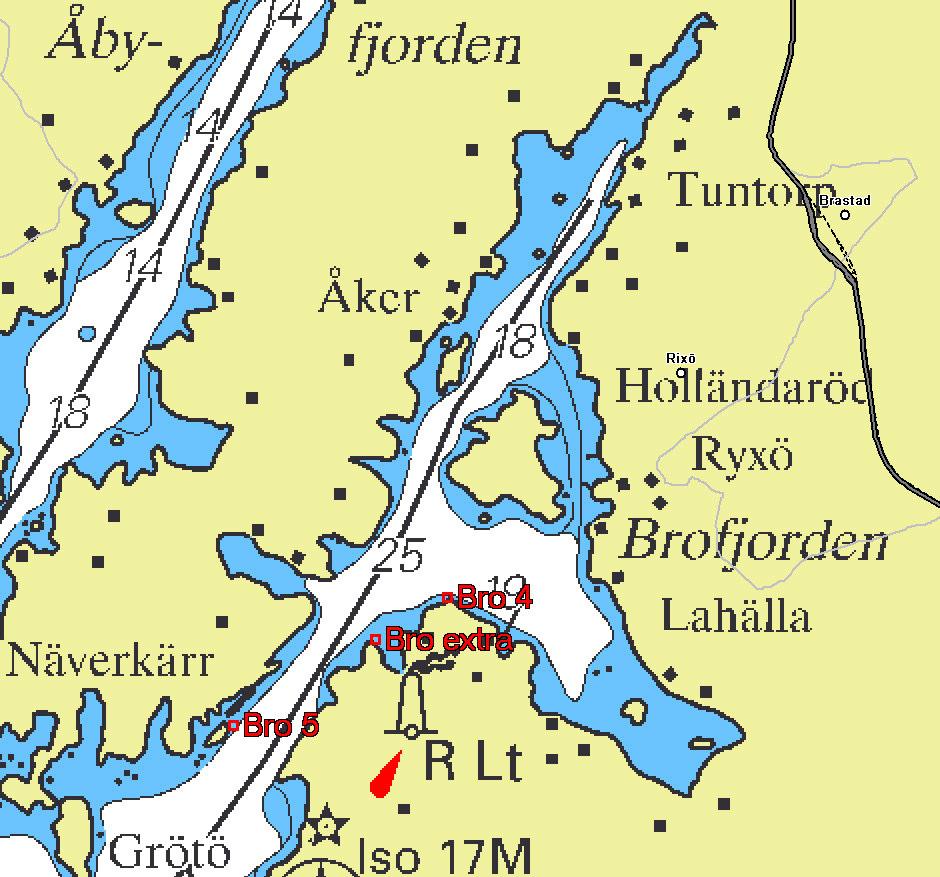 terrasserad bergvägg som slutar på ca 18 meters djup. Både Bro Extra och Bro 5 är grunda stationer med ett maxdjup på 2,5 respektive 6.4 meter.