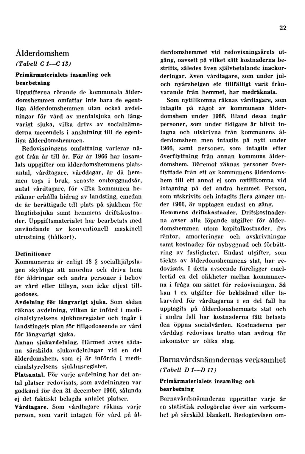 22 Ålderdomshem (Tabell C 1 C 13) Primärmaterialets insamling och bearbetning Uppgifterna rörande de kommunala ålderdomshemmen omfattar inte bara de egentliga ålderdomshemmen utan också avdelningar