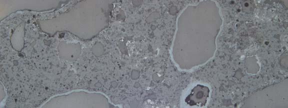 Oregelbundna fläckar i flera grå nyanser är hålrum. Foto från mikroskopet. Figur 22.