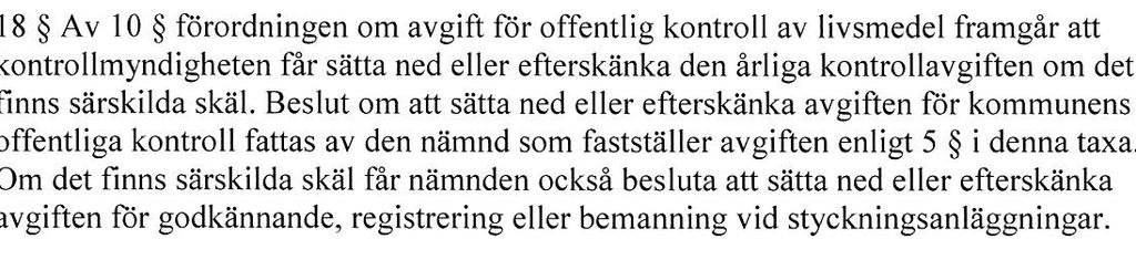2018-06-11 18(22) NMY 29 Dnr 2018-000721/ NMY NEDSÄTTANDE AV ÅRLIG AVGIFT-LIVSMEDEL Beslutsunderlag 18 i livsmedelstaxan; Muntlig begäran om nedsättande av avgift av verksamhetsutövaren.