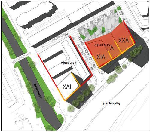 34 (40) I figur 18 anges på vilka fasader brandskyddsåtgärder krävs för fönsterytorna. Figur 18. Skyddsåtgärder för fönster. I rödmarkerade fasader skall fönster upp till 4 m höjd vara av klass EI30.