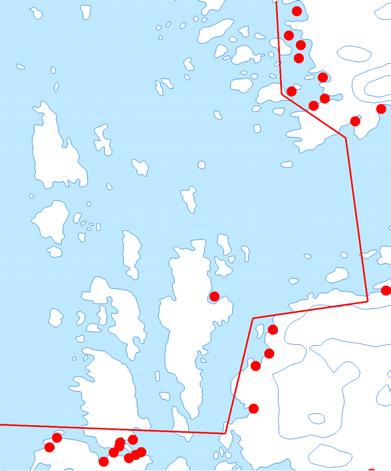 Inom stora ytor (mellan eller utanför de röda linjerna)