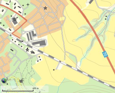 Plankorsning Morbyvägen Figur 8 Potentiellt förorenade ej riskklassade områden, markerade med grå stjärnor. Källa: Länsstyrelsen, Lantmäteriet.