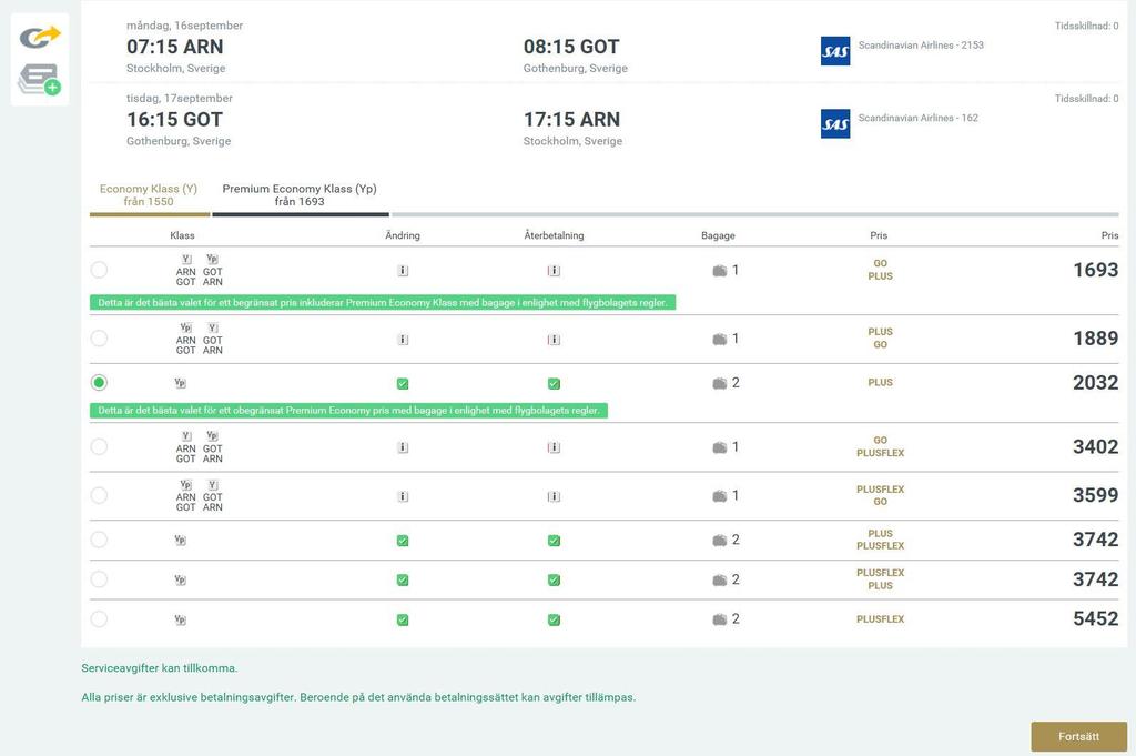 Flygbokning 1. Här ligger dina valda flygtider 3. Välj att se olika pristyper 2. Expandera sidan för att få en fullständig prisdisplay 4.