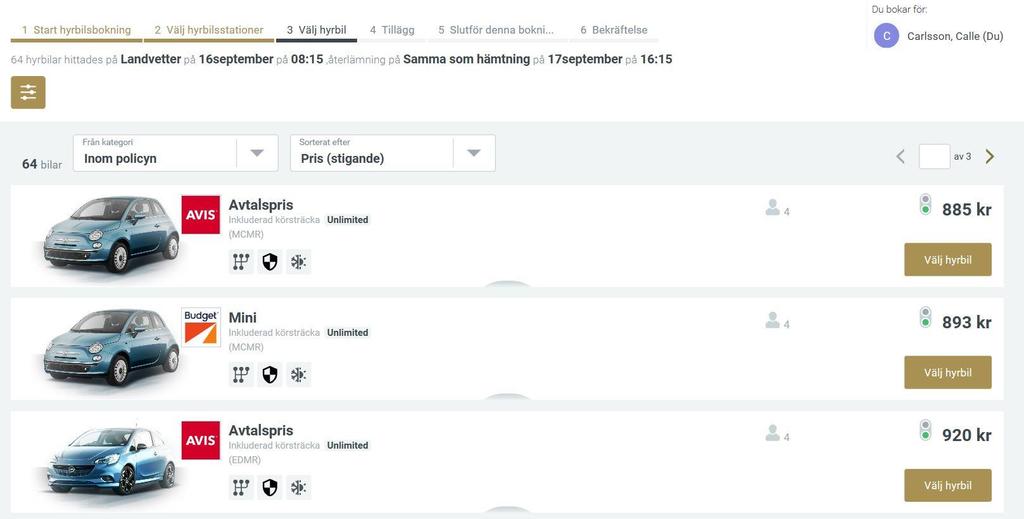 Hyrbilsbokning 1. Sortera på t.ex. pris 2.