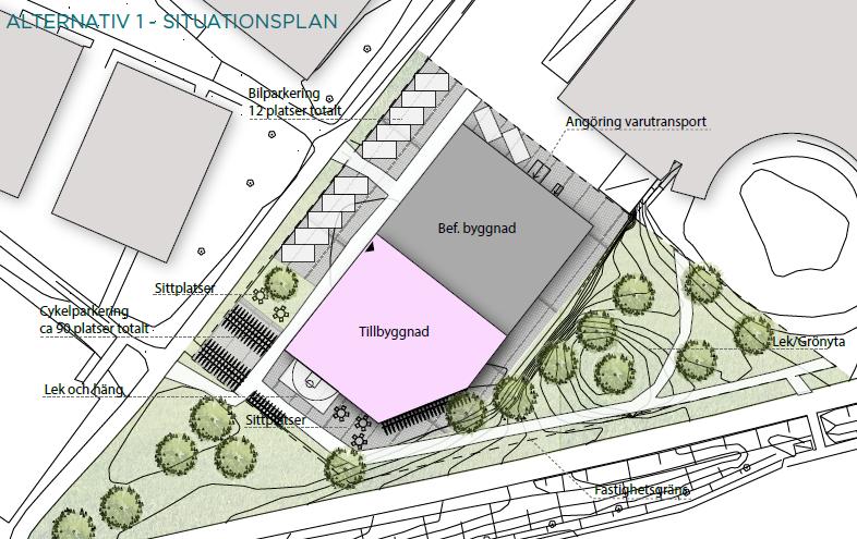 3(5) Situationsplan av föreslagen tillbyggnad. Illustrations Archus Arkitekter Under planarbetet kommer bland annat buller, luftföroreningar, dagvatten och trafik att behöva utredas.