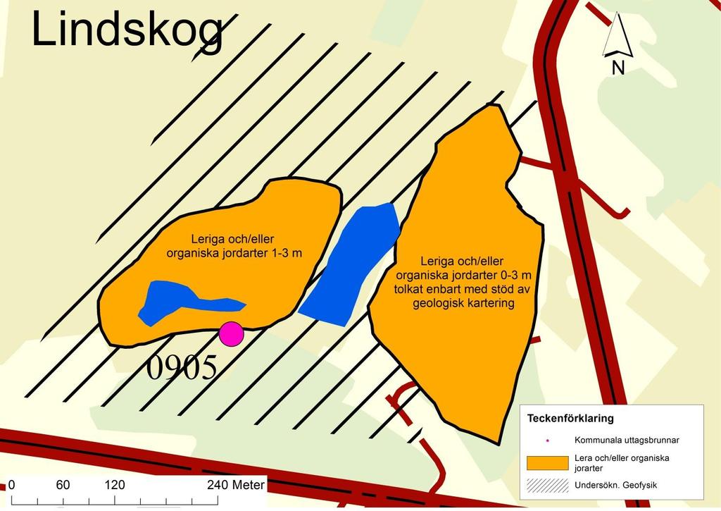 2.6.1 Tolkning område 1 Sammanvägd tolkning av stångslingramsdata och resistivitetsdata visar att det förekommer leriga och/eller organiska jordarter strax norr om brunn 0905, se orangemarkerat