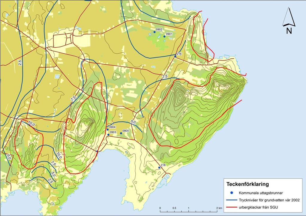 Figur 13. Grundvattennivåer i kalkstensmagasinet våren 2002 (SGU, 2005) Grundvattennivåer brukar variera under året pga. minskad eller ökad grundvattenbildning som är kopplad till väderförhållanden.