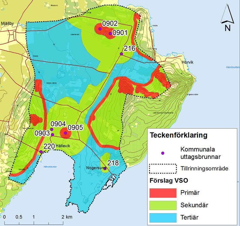 Vattenskyddsområdet har delats in i vattentäktszoner, primär skyddszoner, sekundär och tertiär skyddszoner. Avgränsningen redovisas på karta i figur 33.