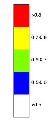 Bild 5.7. Resultat för sannolikhetsberäknig vid Sågverksområdet där den uppskattade sannolikheten att överskrida det platsspecifika riktvärdet 150 ng WHO-TEQ/kg för dioxin överstiger 0,5.