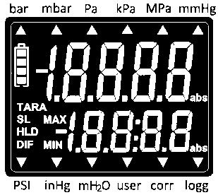 Beskrivning av handinstrument och display 6 8 7 1 2 1 Huvuddisplay uppmätta värden för ingång 1 2 Sekundär display uppmätta värden för ingång 2 eller differensvärde mellan ingång 1 och 2 3 logg pil