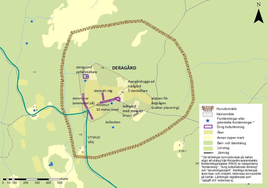 Huvudområdet Deragård. Den gröna linjen är av länsstyrelsen och vägverket utsedd utvald väg, med höga kultur- och naturvärden.