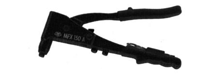 MFX 150A Handverktyg för blindnit Nipplar medföljer för nit Nitkapacitet aluminium Nitkapacitet stål Nitkapacitet rostfritt stål Vikt Längd Ø 3-5 mm Ø 2,4-5 mm Ø 2,4-5 mm Ø 2,4-4 mm 0,7 kg 255 mm MFX