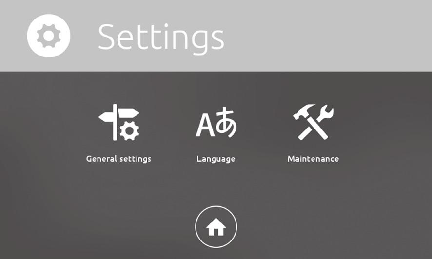 Inställningar allmänt General settings Här kan du göra följande inställningar: Autostart: Metric units: Start screen: (inte aktiverat i nuläget) Language inte aktiverat i nuläget Maintenance Yes/No
