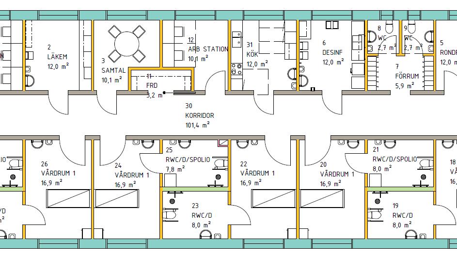 BIMmodell, exempel: RumsobjektGolvtyp BIMmodell, exempel: VäggarTyper Kalkylmodell, exempel: Väggar Krav: Rumsobjekt Area (NTA) Dörrautomatik (ja/nej) Golvlittera Hygienklass Kommentar om