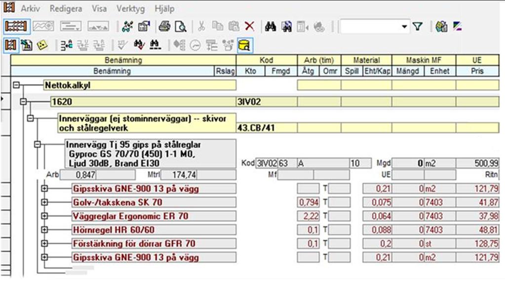 Brandcellsgräns (ja/nej) BSAB Bärande (ja/nej) Kommentar om kostnadsdrivande lösningar Längd Placeringsinformation (Byggnad, Plan) Status Construction Tjocklek TypeDescription