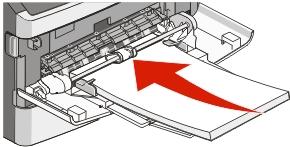 Fylla på papper och specialmaterial 38 5 För försiktigt in utskriftsmaterialet i universalarkmataren tills det tar stopp. Papperet ska ligga plant i universalarkmataren.
