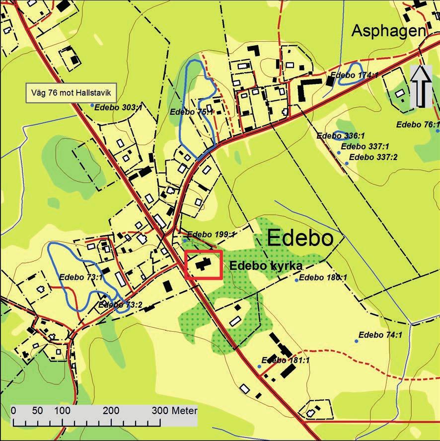 Edebo kyrka, vattenavledning Figur 2. Utdrag ur Fastighetskartan med det aktuella området markerat.skala 1:6 000.
