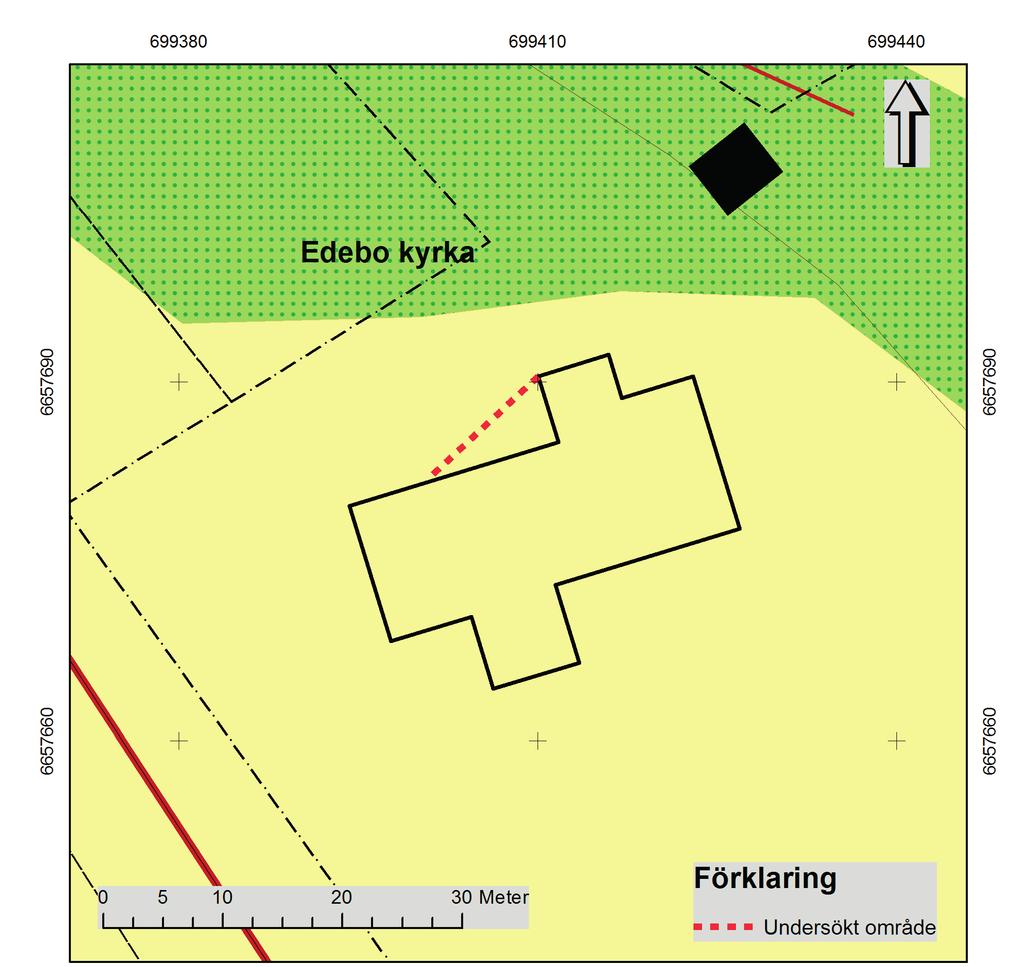 Arkeologgruppen AB rapport 2016:78 Figur 3. Plan som visar schaktets placering norr om kyrkan. Skala 1:500.